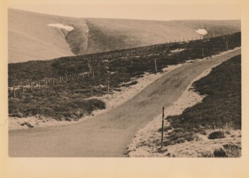 Radar Road, 2026. Lith print, from 35mm negative developed in Lichen based developer, on expired Kentmere VC RC paper. (8"X10").
