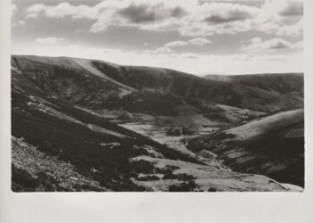 Looking down Whyte's Cleuch to New Glen Crief Bing and Meadowfoot Burial Enclosure, 2026. Aquilegia based developer print on expired Ilford MGIV Pearl 8"x10" paper.